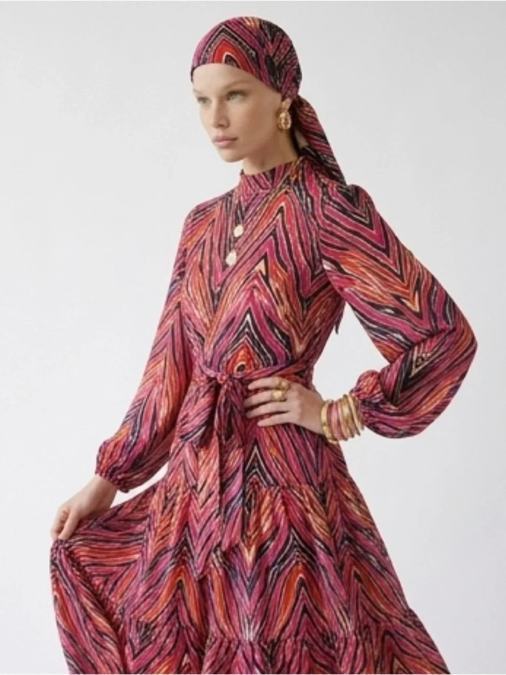 ZARA‎ MULTICOLOR GEOMETRIC PRE-TIED HEAD SCARF/TURBAN RESORT-WEAR VACATION